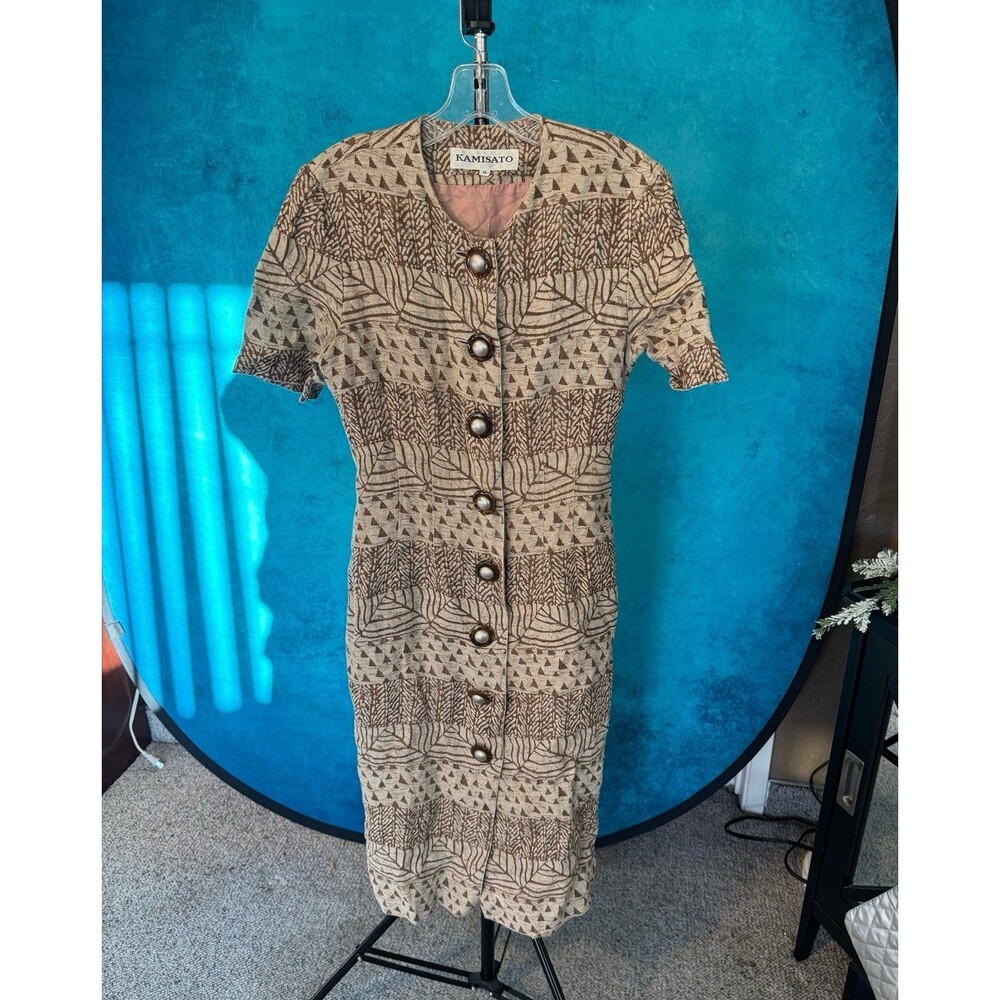 Vintage Kamisato Neutral Earth Tone Button Front Midi Dress